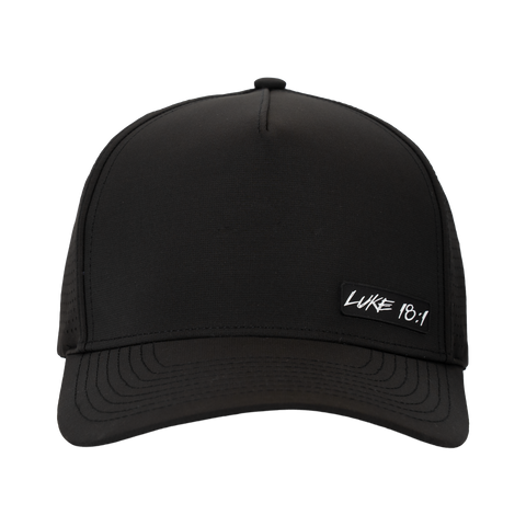 Black cap with white "LUKE 18:1" logo