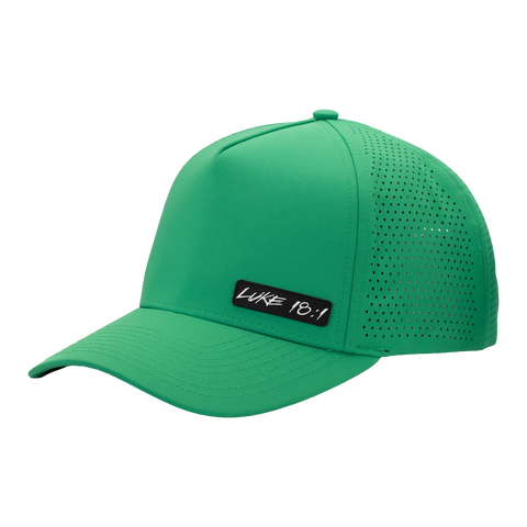 Kelly green cap with black and white "LUKE 18:1" logo