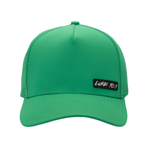 Kelly green cap with black and white "LUKE 18:1" logo