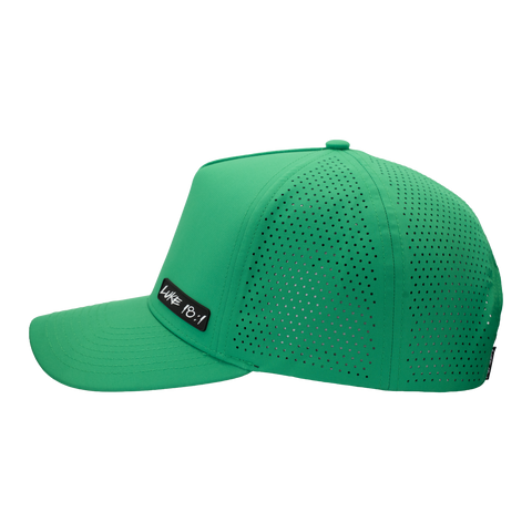 side view of Kelly green cap with black and white "LUKE 18:1" logo