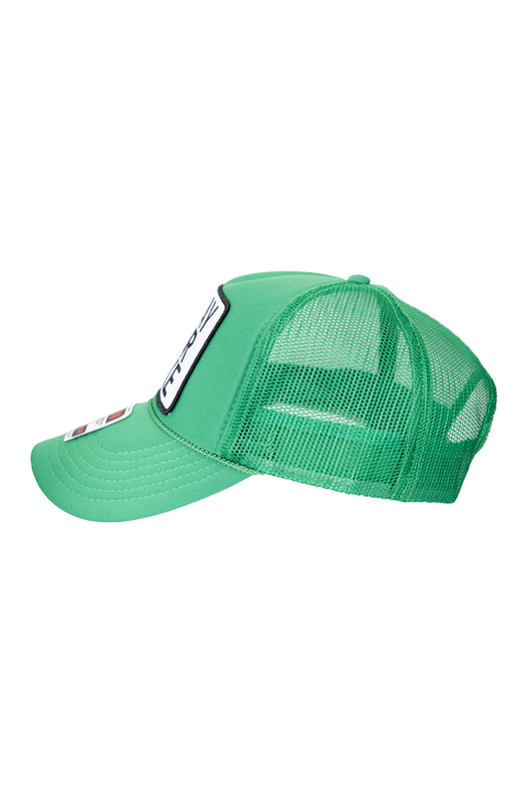 side view of green meshback cap with 'Pray for Luke' patch