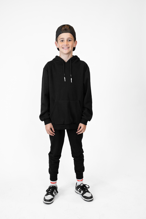 Boy wearing Youth Black Fleece Hoodie