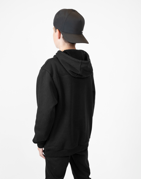 Rear view of boy wearing Youth Black Fleece Hoodie