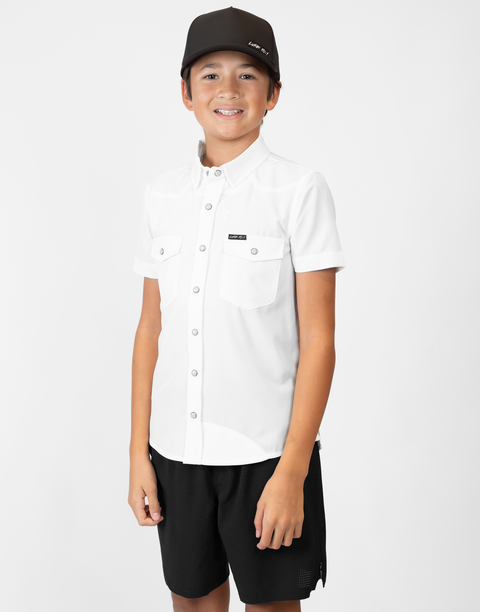 Boy wearing Youth White S/S Pearl Snap Shirt