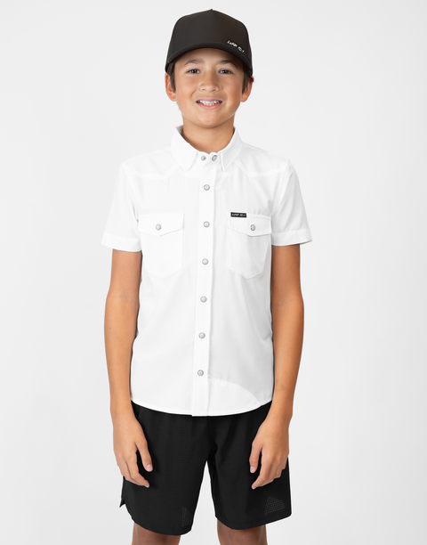 Boy wearing Youth White S/S Pearl Snap Shirt