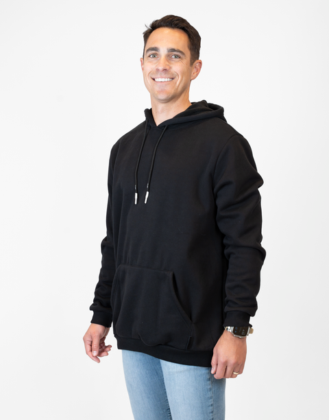 Man wearing Men's Black Fleece Hoodie