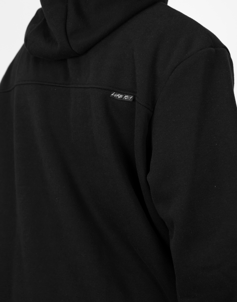 Closeup of "LUKE 18:1" text on upper right back of men's Black Fleece Hoodie