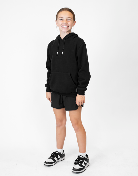 Girl wearing Youth Black Fleece Hoodie