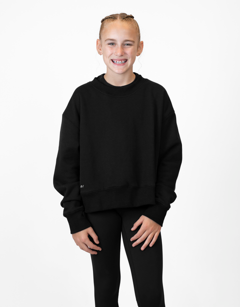 Girl wearing Ladies Black Relaxed Fleece Crew