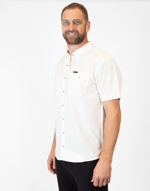 Man wearing Men's White S/S Pearl Snap Shirt