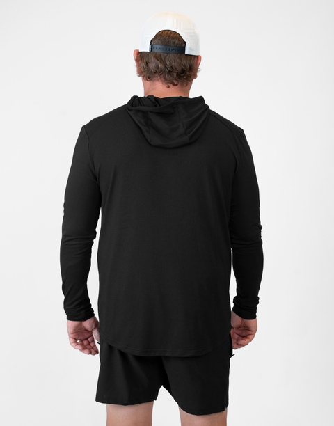 Rear view of man wearing Men's Black Bamboo Performance Hoodie