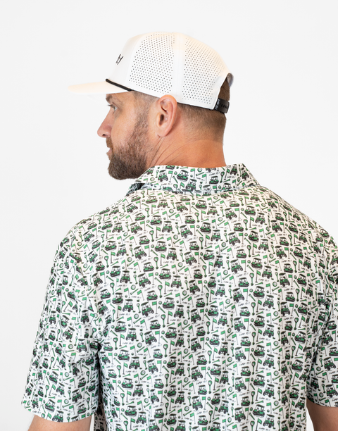 side view of person wearing white hat showing back mesh