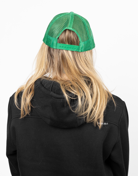 Rear view of person wearing green meshback cap