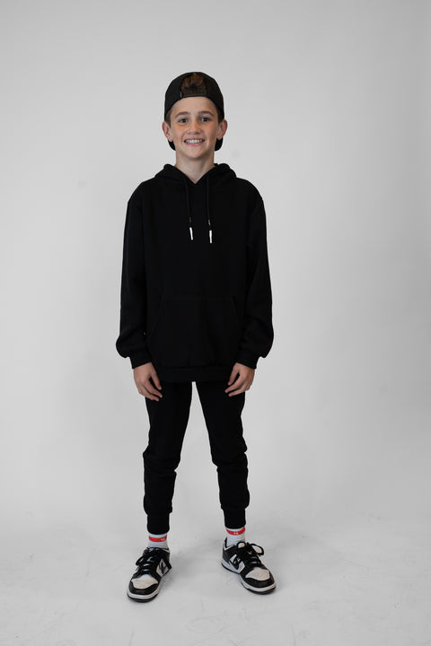 Boy wearing Youth Black Fleece Hoodie