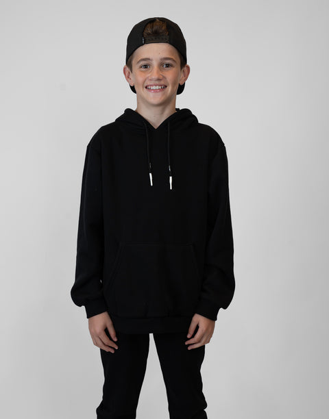 Boy wearing Youth Black Fleece Hoodie