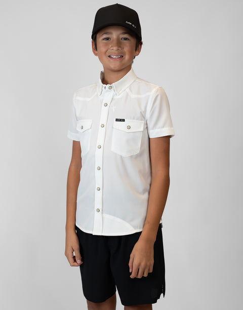 Boy wearing Youth White S/S Pearl Snap Shirt