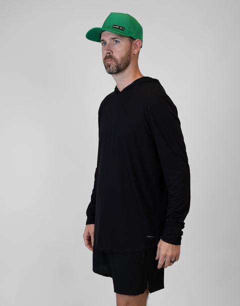 Man wearing Men's Black Bamboo Performance Hoodie