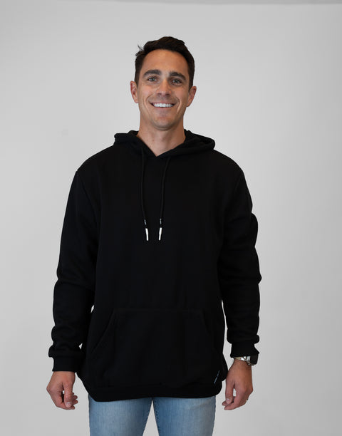 Man wearing Men's Black Fleece Hoodie