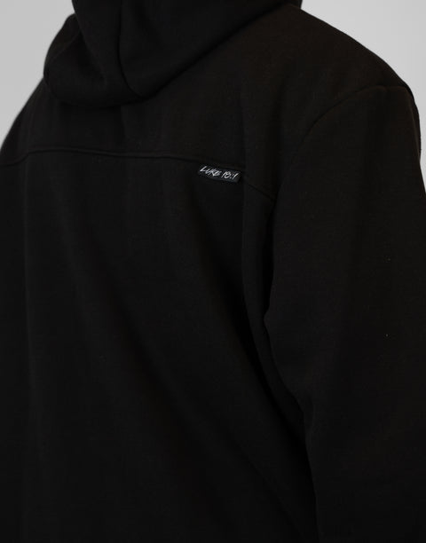 Closeup of "LUKE 18:1" text on upper right back of men's Black Fleece Hoodie