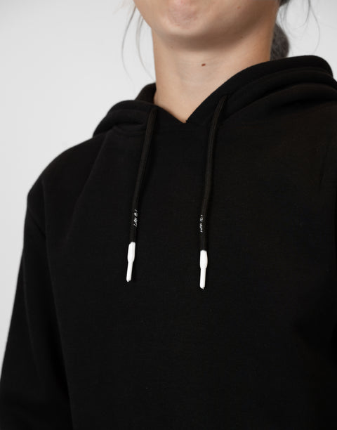 Girl wearing Youth Black Fleece Hoodie showing white tips and "LUKE 18:1" text on drawstring