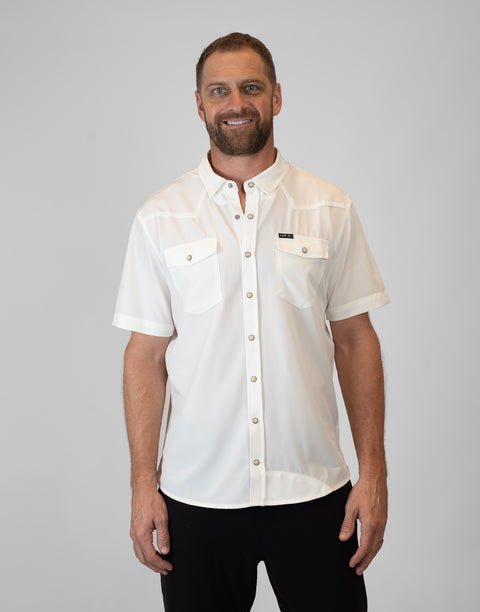 Man wearing Men's White S/S Pearl Snap Shirt