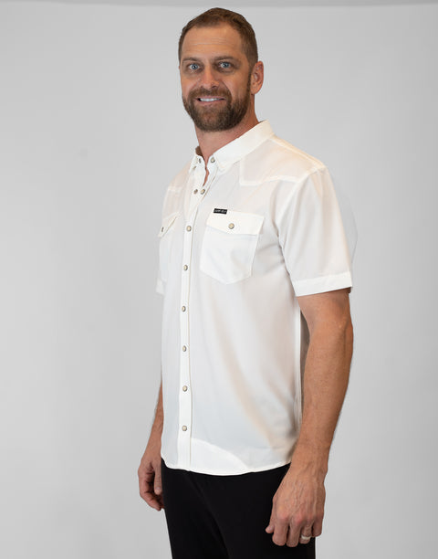 Man wearing Men's White S/S Pearl Snap Shirt