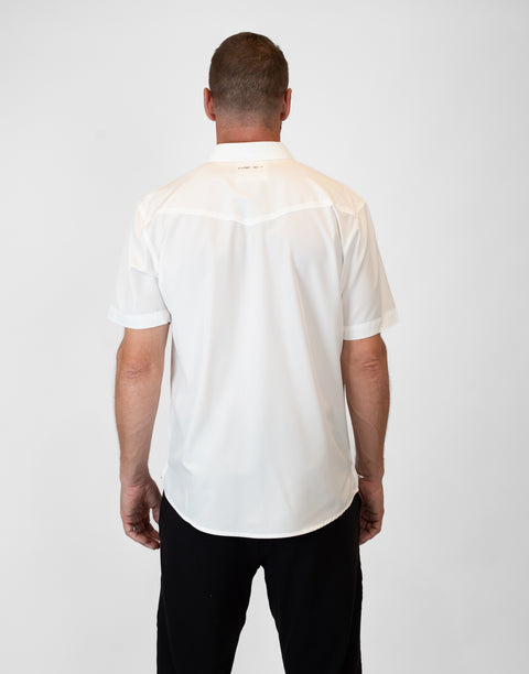 Rear view of Man wearing Men's White S/S Pearl Snap Shirt