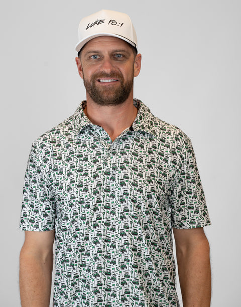 Person wearing white hat with black "LUKE 18:1" text