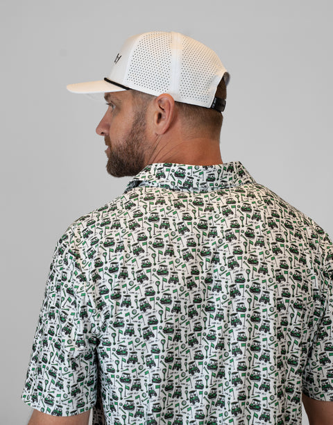 side view of person wearing white hat showing back mesh