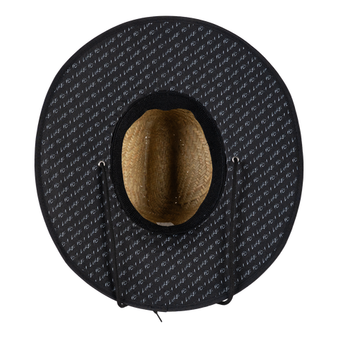 underside of straw hat showing black and white "LUKE 18:1" pattern on underside of brim