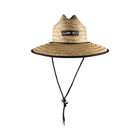 Straw hat with "LUKE 18:1" patch on front showing draw string