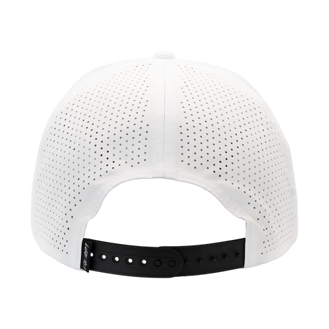 Rear view of white hat with black and white "LUKE 18:1" label on back