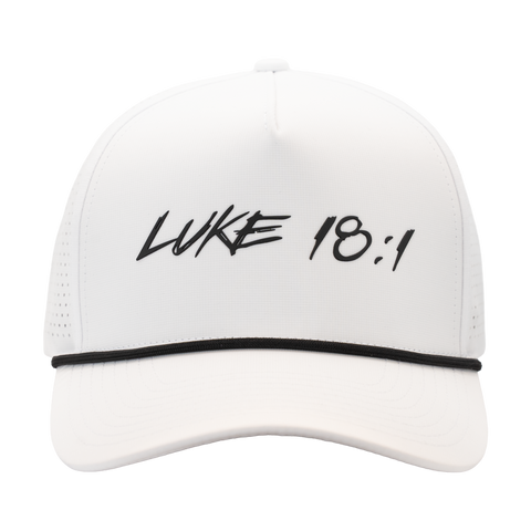 White hat with black "LUKE 18:1" text on front