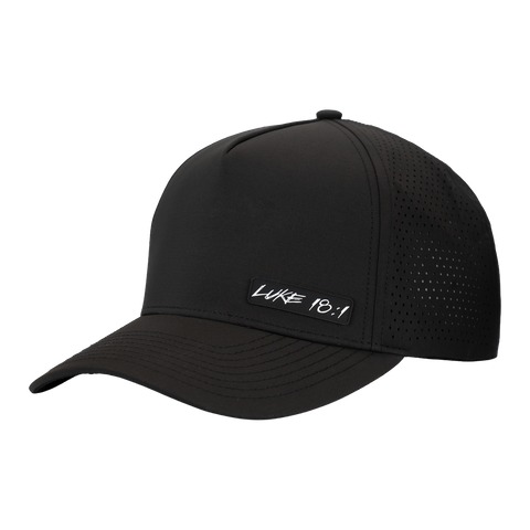 Black cap with white "LUKE 18:1" logo