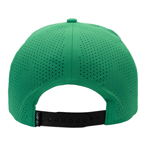 rear view of kelly green hat with black and white LUKE 18:1 label on back