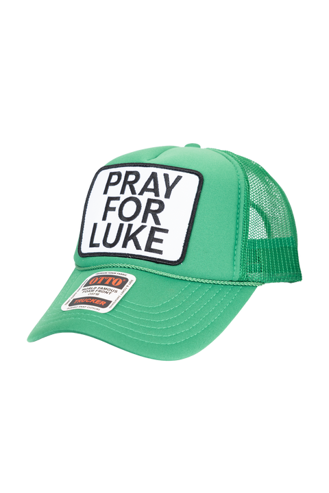 Green cap with 'Pray for Luke' patch