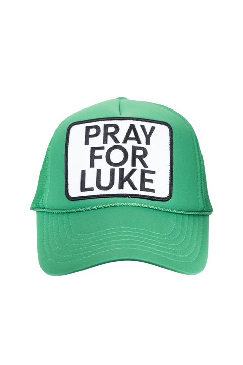 Green cap with 'Pray for Luke' patch