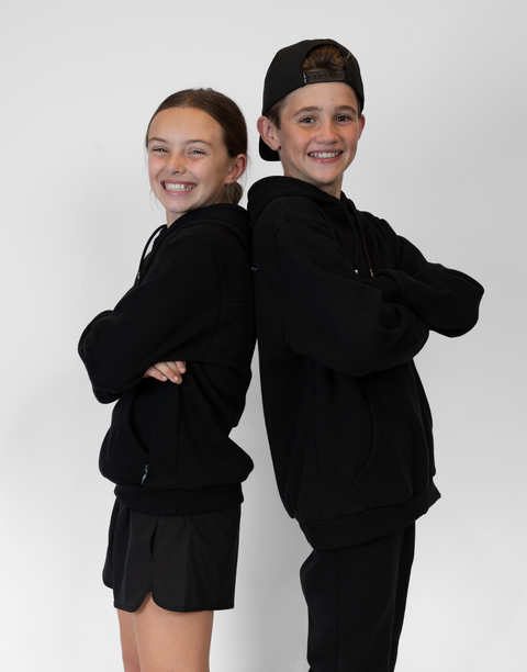 boy and girl wearing Youth Black Fleece Hoodie