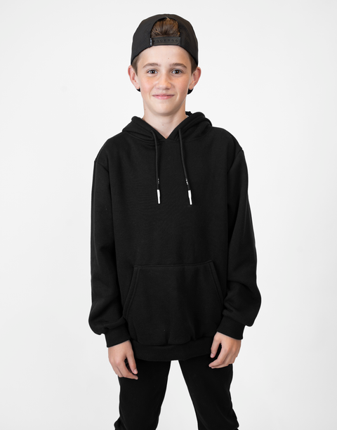 Boy wearing Youth Black Fleece Hoodie