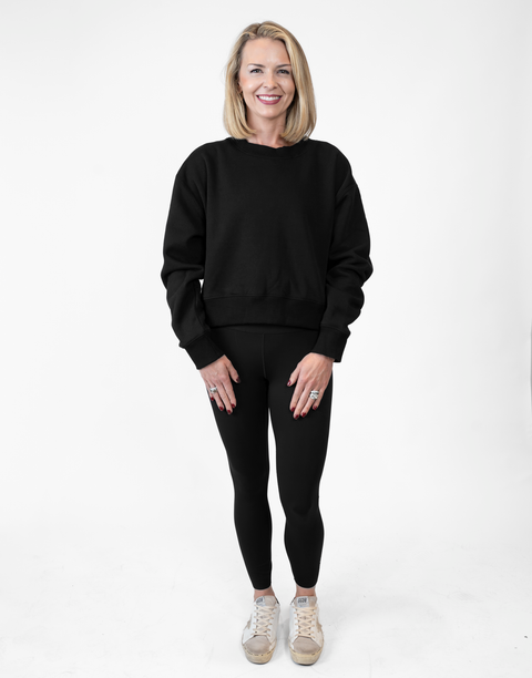 Woman wearing Ladies Black Relaxed Fleece Crew