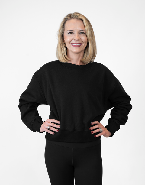 Woman wearing Ladies Black Relaxed Fleece Crew