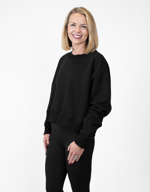 Woman wearing Ladies Black Relaxed Fleece Crew