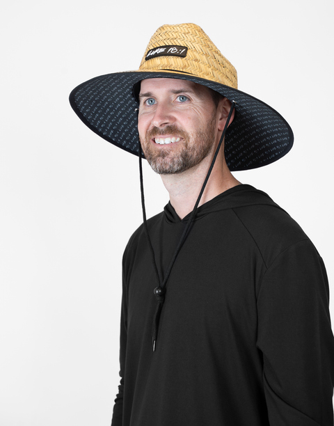 Man wearing straw hat with "LUKE 18:1" text