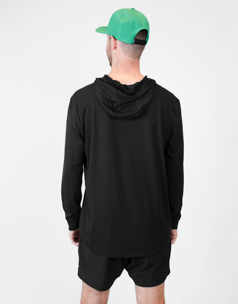 Rear view of Man wearing Men's Black Bamboo Performance Hoodie