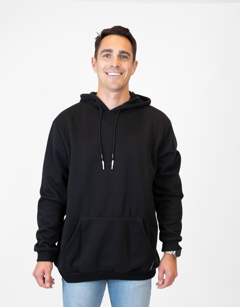 Man wearing Men's Black Fleece Hoodie