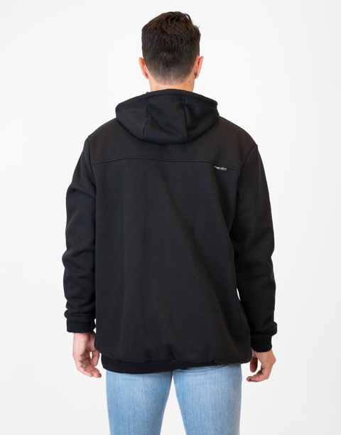 rear view of Man wearing Men's Black Fleece Hoodie showing "LUKE 18:1" text on upper right back