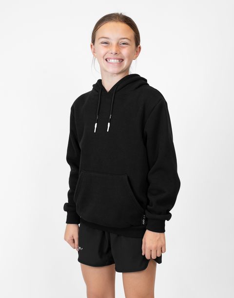 Girl wearing Youth Black Fleece Hoodie