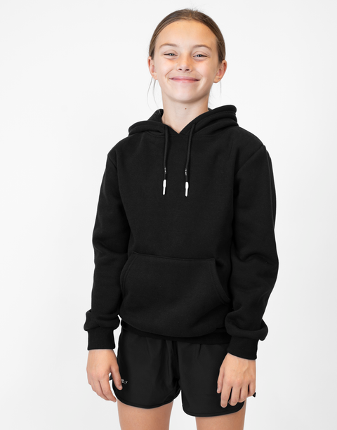 Girl wearing Youth Black Fleece Hoodie
