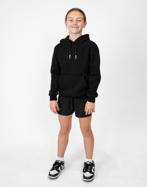 Girl wearing Youth Black Fleece Hoodie