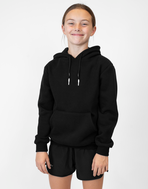 Girl wearing Youth Black Fleece Hoodie